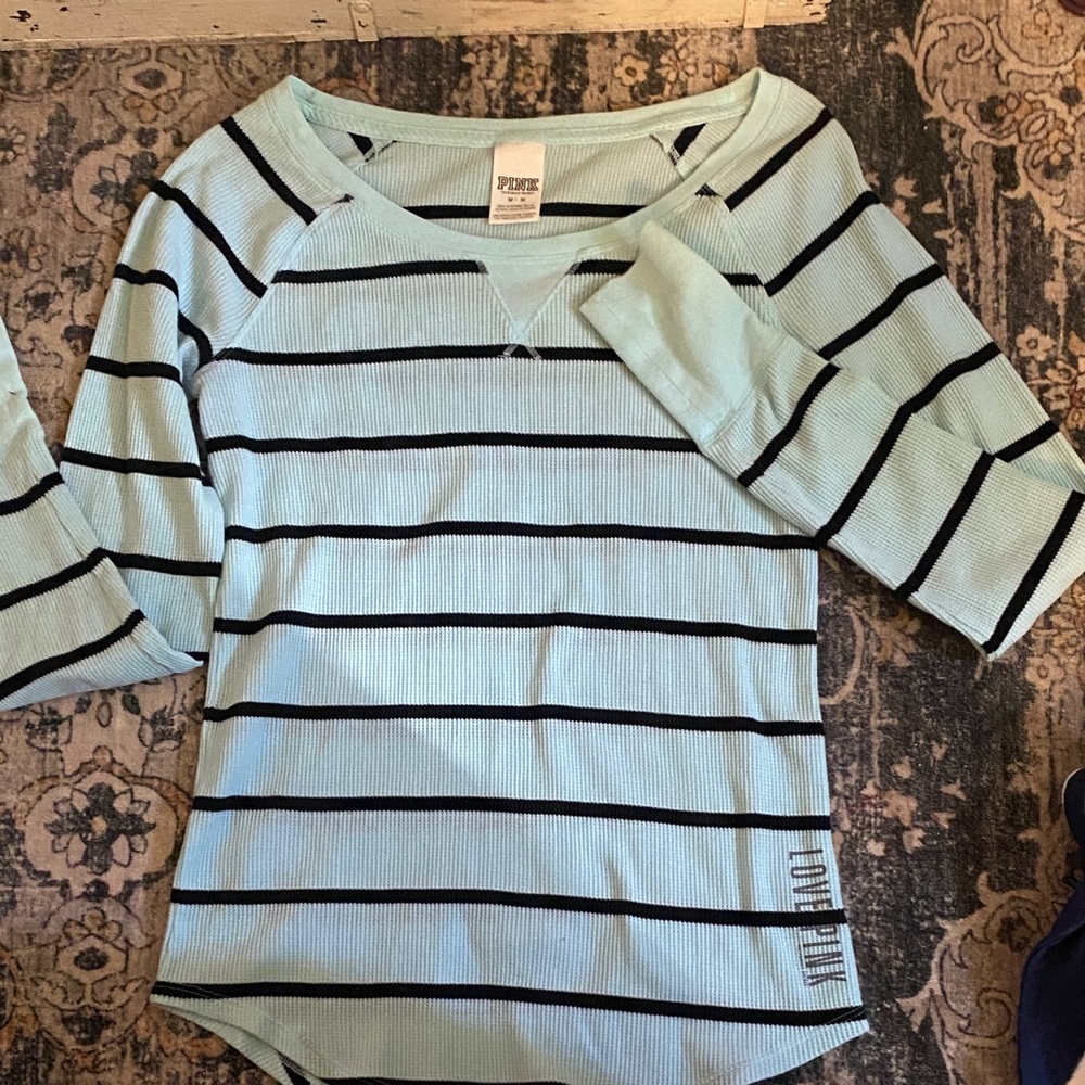PINK — Victorias Secret. Light Blue and Black Striped Long Sleeve Tee